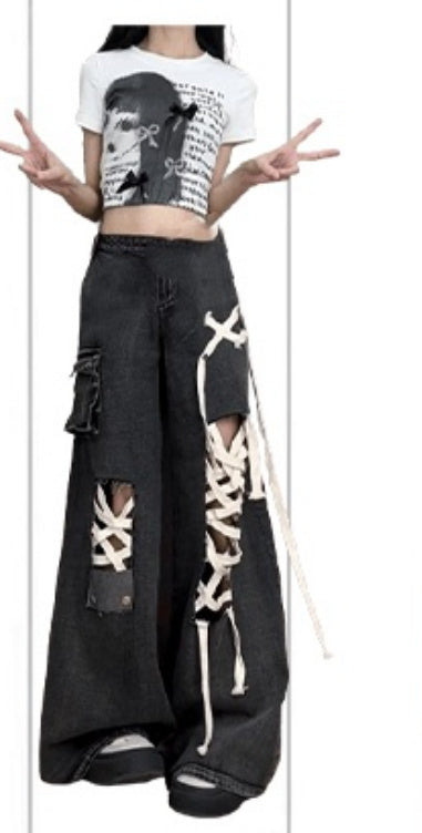 Lace-up Overalls Women's Low Waist Wide Leg Jeans