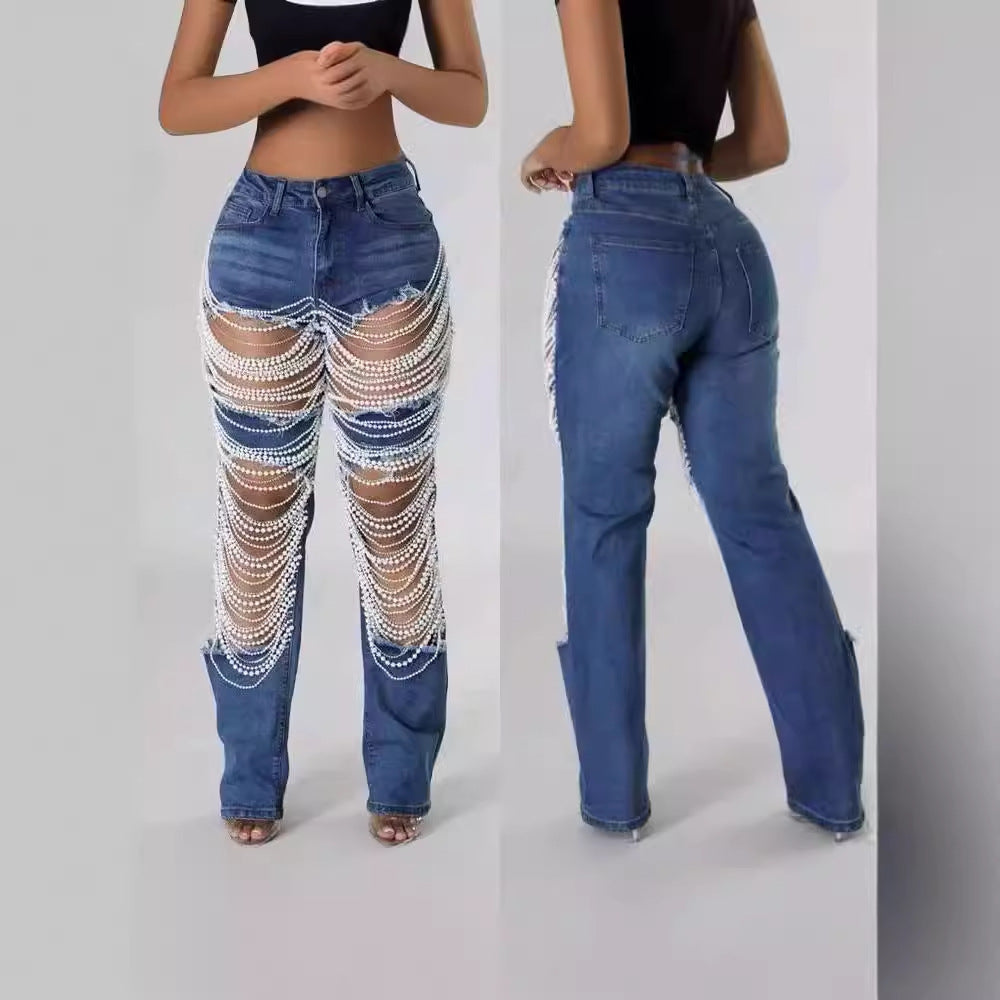 Female Creative Casual Bead Chain Jeans