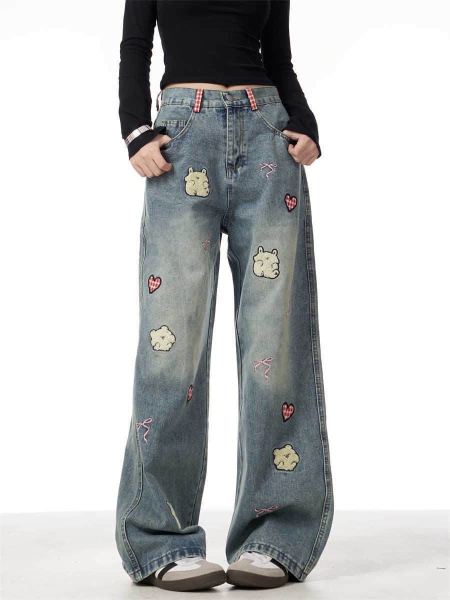 Jeans Female Lamb Embroidery Retro Straight-leg Pants