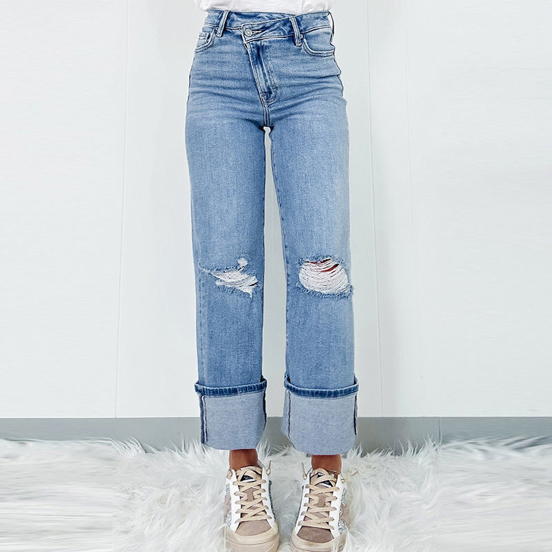 Solid Color Trousers High Waist Ripped Jeans For Women