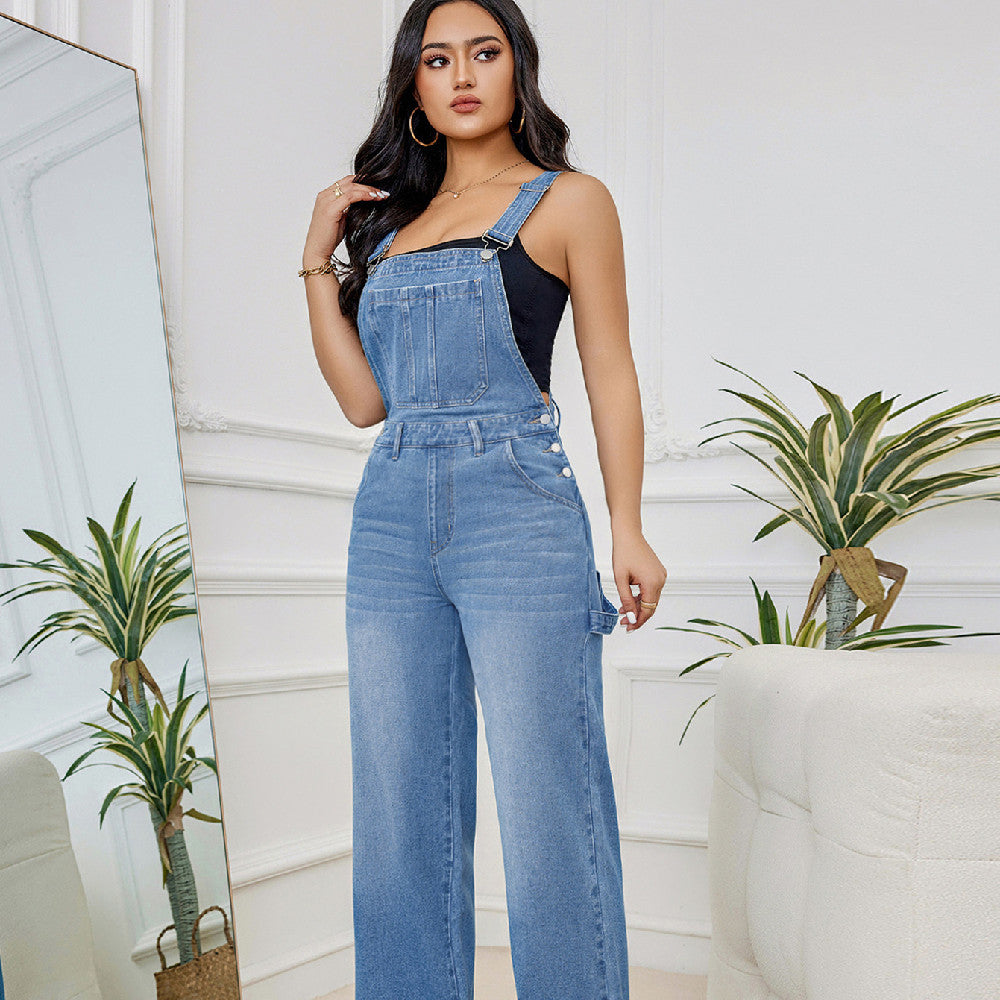 Women's Washed Denim Suspender Pants