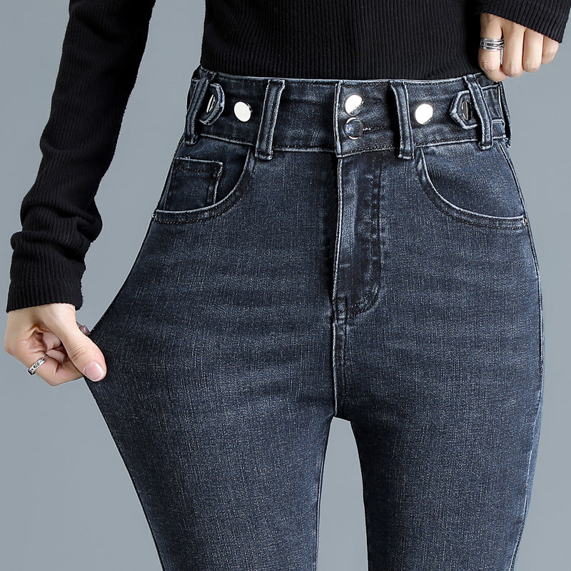 High Waist Stretch Jeans Tight And Warm Skinny Pants Women