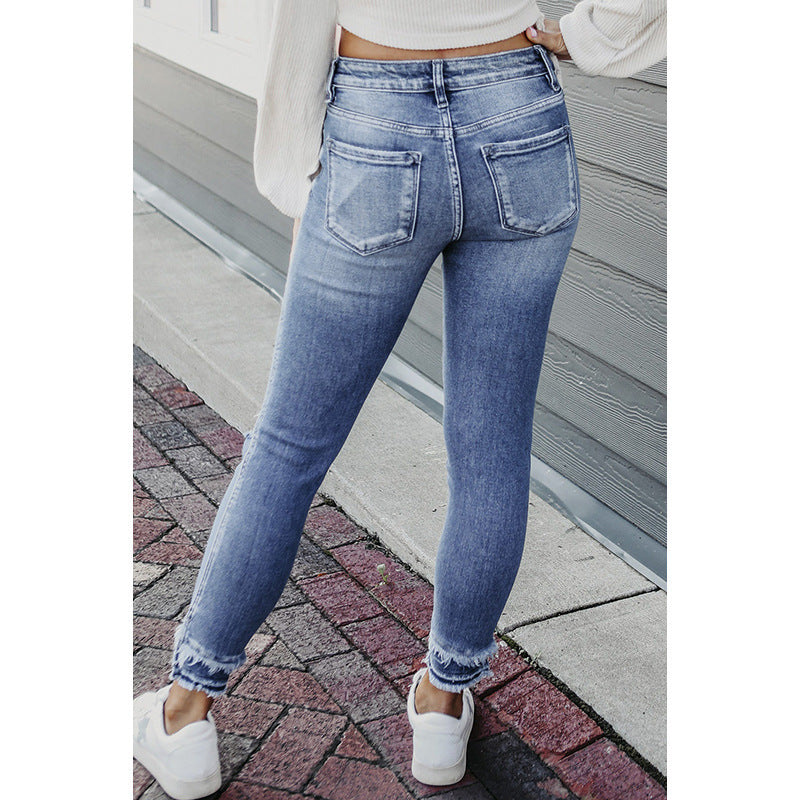 Shiying Spring Four Seasons Skinny Ripped Jeans Fashionable Frayed Hem Skinny Pants