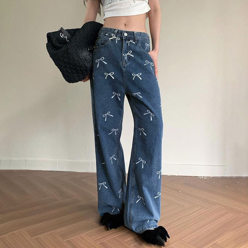 Girly Style Bow Vintage Print Loose Jeans