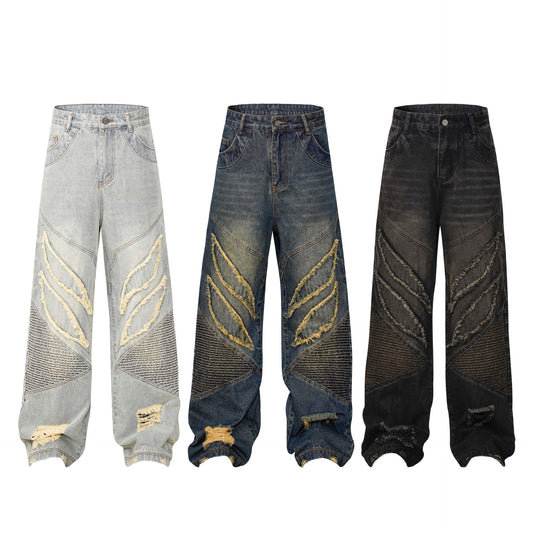 High Street American Stitching Patchwork Cat Beard Worn Jeans