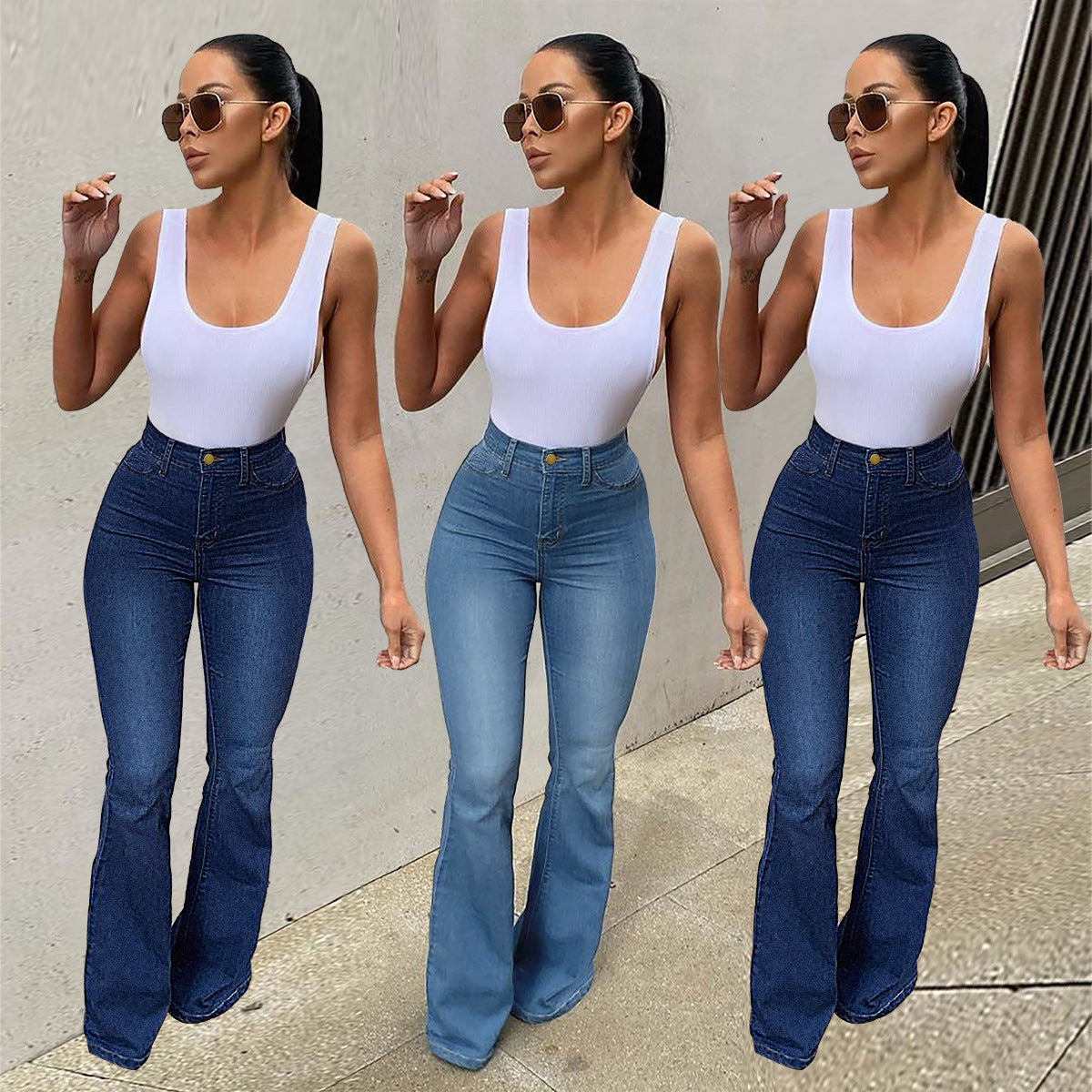 Women's Stretch High Waist Denim Pants Micro-pull Horseshoe Pants